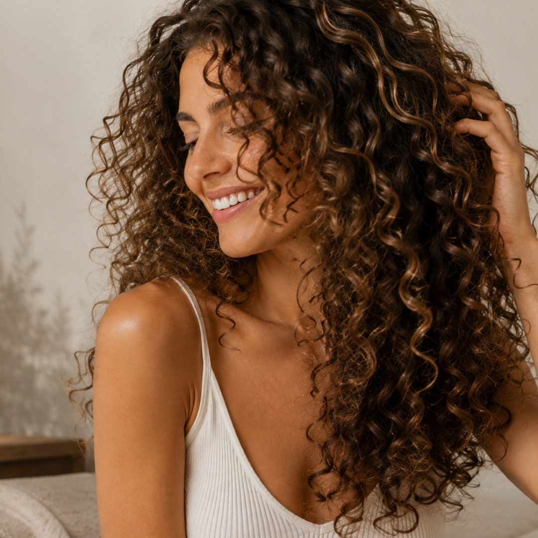 Femme aux cheveux bouclés souriante Image