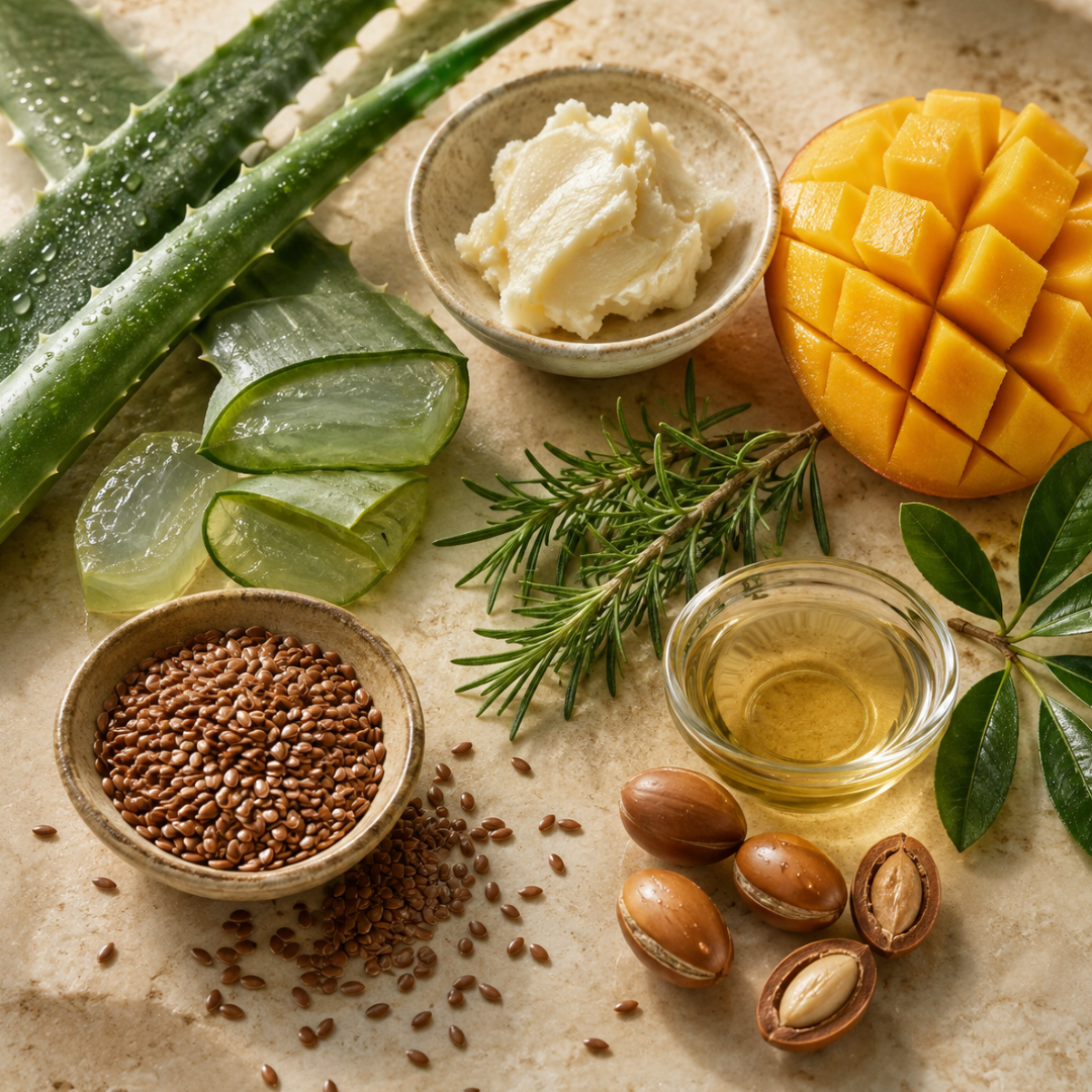Aloe vera, beurre de karité, mangue, graines de lin et argan Image